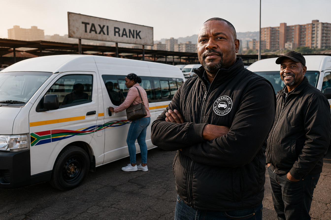 Taxi industry professionals standing proudly at a South African taxi rank